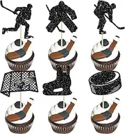 Gyufise 24Pcs Hockey Cupcake Toppers Black Glitter Hockey Players Cupcake Picks Ice Hockey Sports Theme Baby Shower Kids Boys Girls Birthday Party Cake Decorations Supplies Black