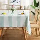 Stitching Tassel Tablecloth Striped Table Cloth Rectangle Cotton Linen Dust-P...