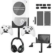 Wall Mount Kit with Detachable 2 Controller Holder & 1 Headphone Hanger & Dust Plugs Net Kits, Metal Wall Mount Stand Compatible with Xbox Series S, Black
