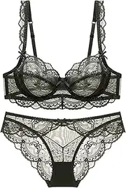 [Generic] Big Guys Boxers Women's Transparent Bra Large Chest Show Small Lace Sexy Underwear Bra Set Workout Short Top Set