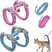 2Pcs Cat Harness, Adjustable Safe Cat Lead Collar Set, Soft Nylon Escape-Proof Breathable Lightweight Harness with Long Leash for Cat Kitten Pets Outdoor Walking