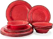 LEHAHA Farmhouse Plates and Bowls Set, 12 Piece Christmas Melamine Dinnerware Sets for 4,Lightweight and Unbreakable Dishes Set,Perfect for Indoor and Outdoor and Picnic use. Red