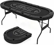 Costway 1.8m Foldable Poker Table for 8 Players, Portable Oval Card Board Game Table for Blackjack Texas Hold’em Casino Leisure Game w/Deep Metal Cup Holders, Padded Railings (Black)