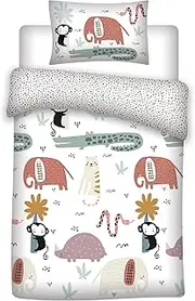 Aymax Toddler Bedding Set, Animals Reversible Baby Duvet Cover 100 x 135 cm, Pillowcase 40 x 60 cm, Cotton, Elephants, Crocodiles, Monkeys, White