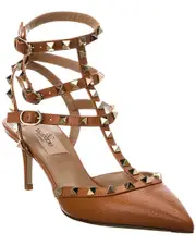 Valentino Rockstud Caged 65 Grainy Leather Ankle Strap Pump 36 Beige