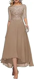 [PRECISCRY] Tea Length Lace Appliques Mother of The Bride Dresses 3/4 Sleeves Chiffon Formal Evening Gown for Wedding Women LC107