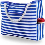 Blue and White Stripes Waterproof Canvas Beach Bag Beach Tote for Travel Gym Swim and Beach Holiday