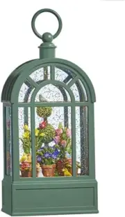 lighted water lantern glitter snow globe with topiary , tulips and birds