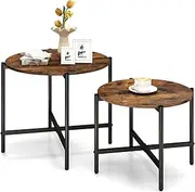 Giantex Round Coffee Table Set of 2, 55cm & 65cm Nesting Coffee Tables with Heavy-Duty Metal Frame, Circle End Table Set for Living Room, Bedroom, Office, Balcony, Small Space, Rustic Brown