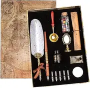 Joyeee Feather Pen and Ink Set, Writing Quill Pen with Ink, Brass Wax Seal Stamp, Metal Dip Pen Holder, Letter Paper, Wax Seal Beads, Tealight, Retro Gift Box, Unique Birthday Gifts for Mum Dad