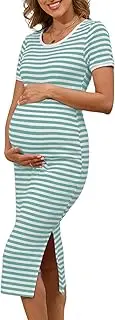 [guruixu] Striped Maternity Dress Ribbed Knit Short Sleeve Slim Fit Side Slit Bodycon Long Pregnancy Dress, Green, Small