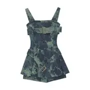 Detachable Strap Tie Dye Washed Pleated Belted Mini A-Line Denim Dress / Plain Bolero Detachable Strap - Denim Dress - Bluish Green - M