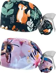 [YTYVAGT] 2-Pc,Nurse Scrub Caps,Scrub Hats with Buttons and Cotton Sweatband,Bear Deer Fox Rabbit Owl