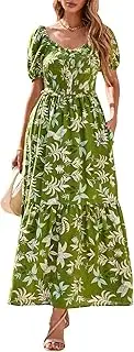 [PRETTYGARDEN] Womens Summer Dresses 2025 Casual Boho Floral Puff Short Sleeve Flowy Maxi Dress Smocked V Neck Sun Dresses