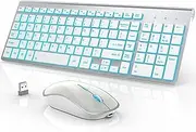 J JOYACCESS Wireless Keyboard and Mouse Combo with 7 Backlit Options,Quiet Light Up Keys,Type-C Rechargeable,Sleep Mode-2.4G Silent Portable Cordless Combo for Laptop/PC/Computer/Mac(White+Sliver)
