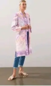 Chicos Size OOP Coaster Tile Duster Pastel Long Floral Open Front Jacket NWT