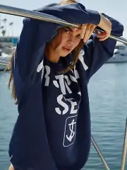 FREE PEOPLE FIRSTPORT SEA BILLBOARD CREWNECK IN BLUE Size Medium