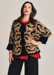 [TS] Taking Shape Leopard Fluffy Knit Cardigan Size 10-12 in Leopard, Viscose - Plus Size Women's Clothing Leopard