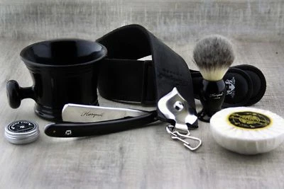Men Shaving Set 5 Pcs With Synthetic Hair Brush, Straight Cut Throat Razor,Strop