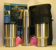 New 4 Piece Silver Travel Mug Set Coffee Tea 2 Cups 1 Thermos Warm / Cold Drinks