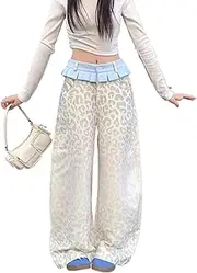 [Best Rose] Leopard Patchwork Pants Skirted Leggings Ruffle High Waist Button Up Straight Leg Y2K Streetwear Pants, White Leopard, X-Small