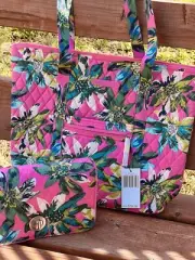 (2) Vera Bradley Tote Bag + Purse Set In Quilted Tropical Paradise Pattern