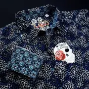 Robert Graham Geometric Honeycomb Large Navy Blue Floral Patchwork Sport Shirt