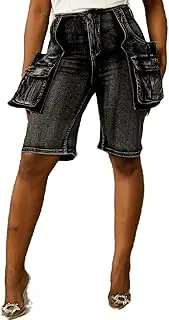 [Vaceky] Denim Shorts Women Stretchy Knee Length Cargo Shorts with Pockets