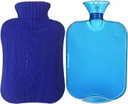 Classic Rubber Transparent Hot Water Bottle 2 Liter - Portable, Reusable with Knit Cover - Blue