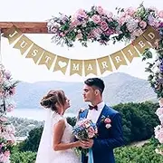 Blulu Just Married Banner - Burlap Wedding Decoration With Heart Patterns for Bridal Shower and Engagement