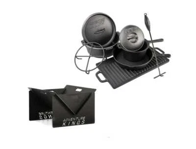 Kings Cast Iron Cooking Set Oven Skillet Griddle Saucepan + Camping Fire Pit 4WD