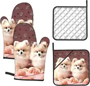 4 pcs Oven Mitts and Pot Holders Set 500°F Heat Resistant Oven Gloves and Hot Pads Kitchen Mittens Pomeranians Puppies and Point Cooking Gloves Potholders for Baking Grilling