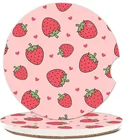 2 Pack Absorbent Car Coasters for Cup Holders,Ceramic Coasters with Cork Back and Finger Slot,Cute Cupholder Accessories to Keep Your Car Cup Holders Clean and Dry 2.56"(Pink Strawberry)