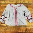 Crown & Ivy top NWT Chambray pink fringe trim balloon sleeve embroidery