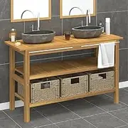 Bathroom Vanity Cabinet with River Stone Sinks Solid Wood Teak,Stylish Wooden 2Sink Bathroom Vanity with 3 Baskets and River Stone Wash Basin Vanity Suites