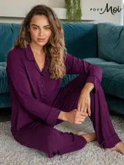 Pour Moi Purple Bamboo Jersey Button Through Revere Collar Pyjamas Set (AK0981) | $113