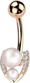 [Pierced Owl] 14GA 316L Stainless Steel Double Synthetic Pearl and CZ Crystal Paved Horseshoe Belly Button Ring
