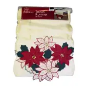 Poinsettia Christmas Holiday Party Decor Cloth Cover White Table Runner 13"X70"