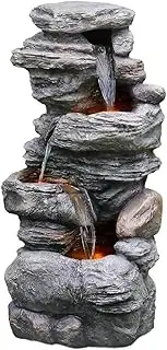Outdoor Water Feature Cascading Bowls and Stacked Stones LED Outdoor Water Fountain for Gardens Pond Water Features(Schist Rock)