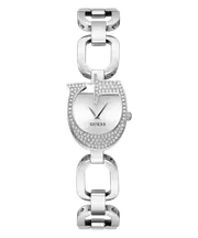 Guess Gia Polished Silver Tone Logo Case With Crystals Sunray Silver Dial And Polished Silver Tone Bracelet With Adjustable G Links GW0683L1