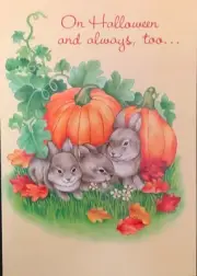 Vtg Happy Halloween Greeting Card 3 Sweet Bunnies In Pumpkin Patch Flowers *NEW*