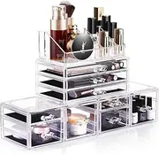 DreamGenius Makeup Organizer 4 Pieces Acrylic Makeup Storage Box with 9 Drawers for Lipstick Jewerly and Makeup Brushes, Stackable Vanity Oragnizer for Dresser and Bathroom Countertop, Clear