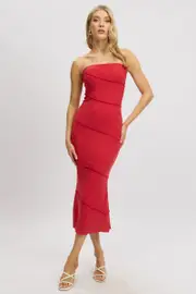 Red Bodycon Dress Midi Strapless - Size 14, Women's Bodycon Dress