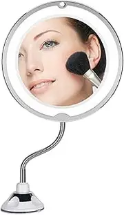 Leona Co Flexible Gooseneck 10x Magnifying LED Lighted Makeup Mirror, Bathroom Magnification Vanity Mirror with Suction Cup, 360 Degree Swivel, Daylight, Cordless & Travel Mirror