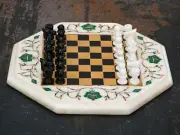 24'' white Marble Chess Table Top Pietra Dura Inlay Children Game Kids c3