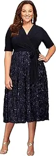 [Alex Evenings] Women's Plus Size Tea Length Dress with Rosette