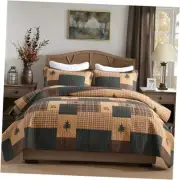 Patchwork Plaid Quilt Set - Brown Green Quilt with Matching Shams, Forest Bear