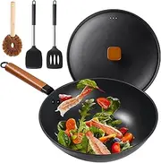 Wok Pan with Lid - 13" Nonstick Wok, Carbon Steel Woks & Stir-Fry Pans with Cookwares, Flat Bottom Chinese wok for Electric, Induction and Gas Stoves