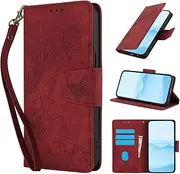 Case for Motorola Moto G82 5G Wallet Case, Butterfly Flower Leather Cover with 3 Card Holder Slots Kickstand Shockproof Magnetic Protective Case Cover-Red