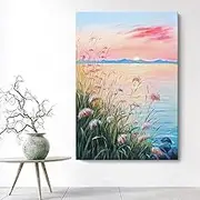 Hand Painted Modern Style Abstract - Modern Large Size Canvas Wall Art, Sunset Scenery with Reeds by The Lake Painting,Sofa Background Living Room Bedroom Home Decorations,As Shown,100 X 150 Cm(40"